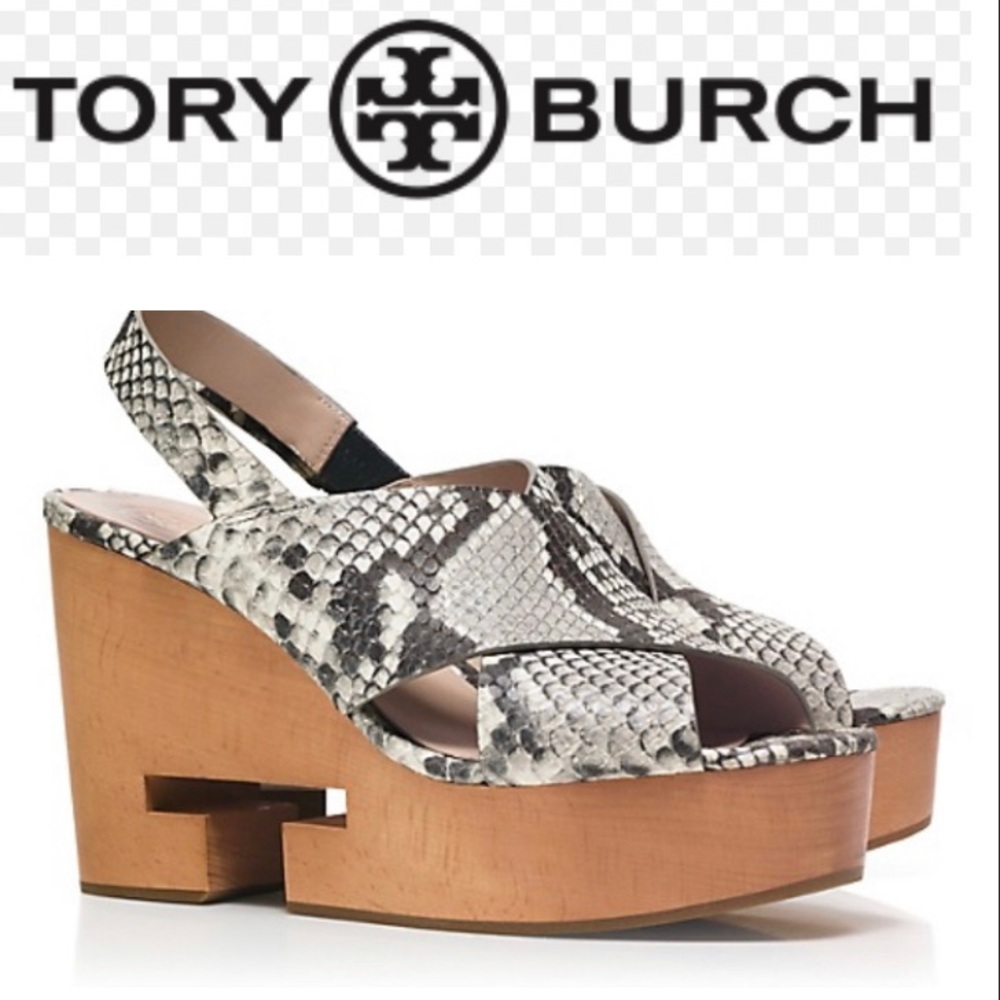Tory Burch Infinity T Cross-Cross snakeskin Print Wedge Sandals